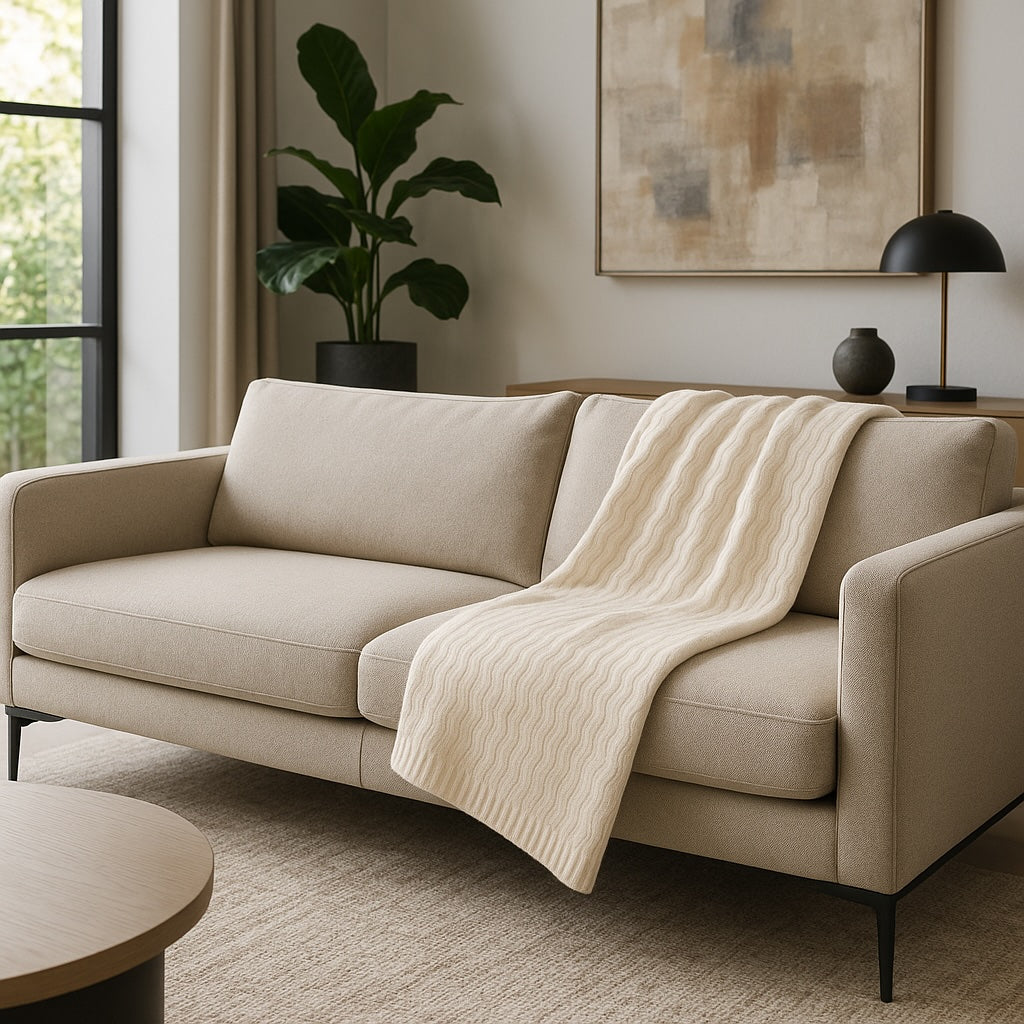 Kuscheldecke 130 x 180 auf beigem Sofa drapiert.