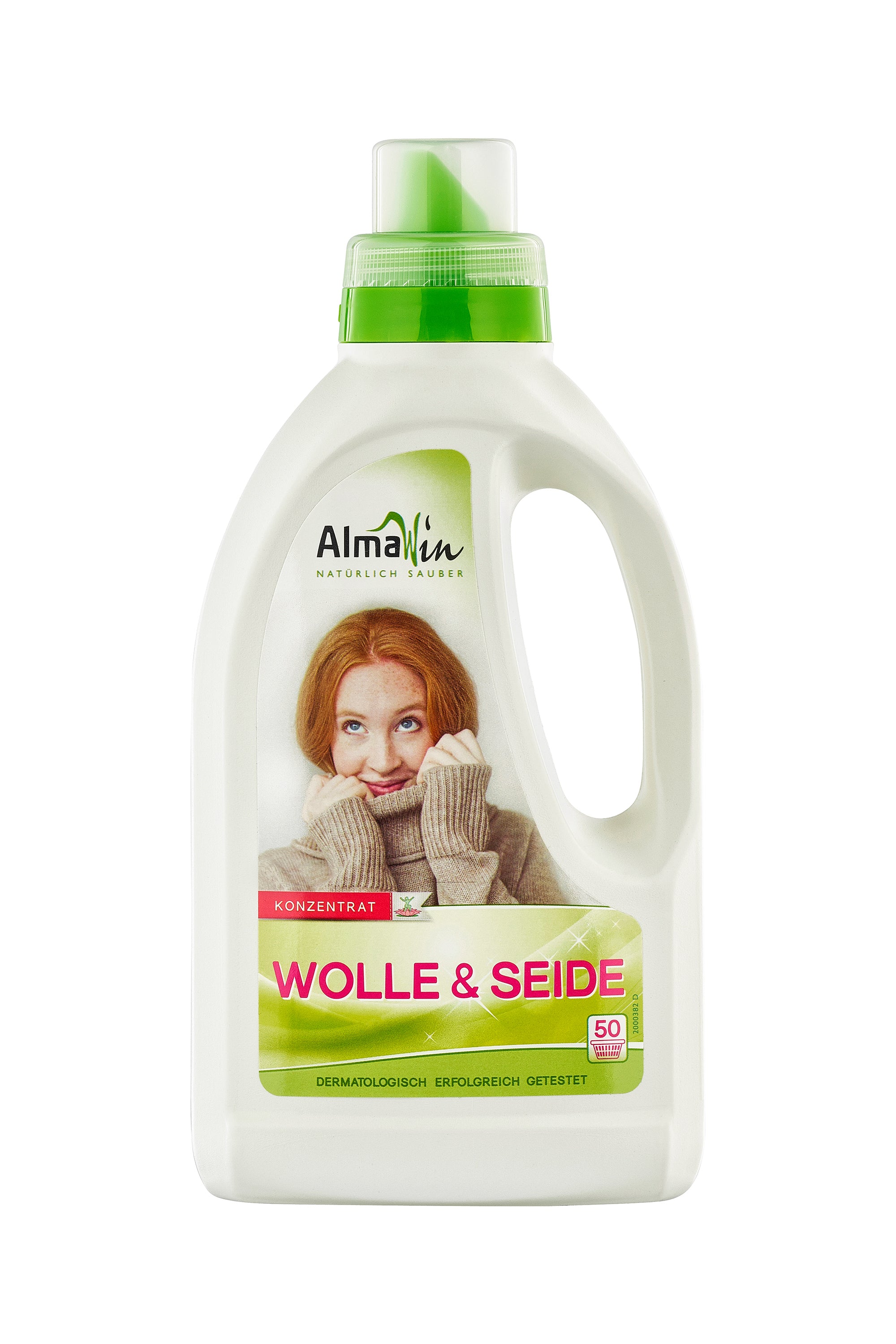 AlmaWin Wolle und Seide - Feinwaschmittel in weißer Flasche.